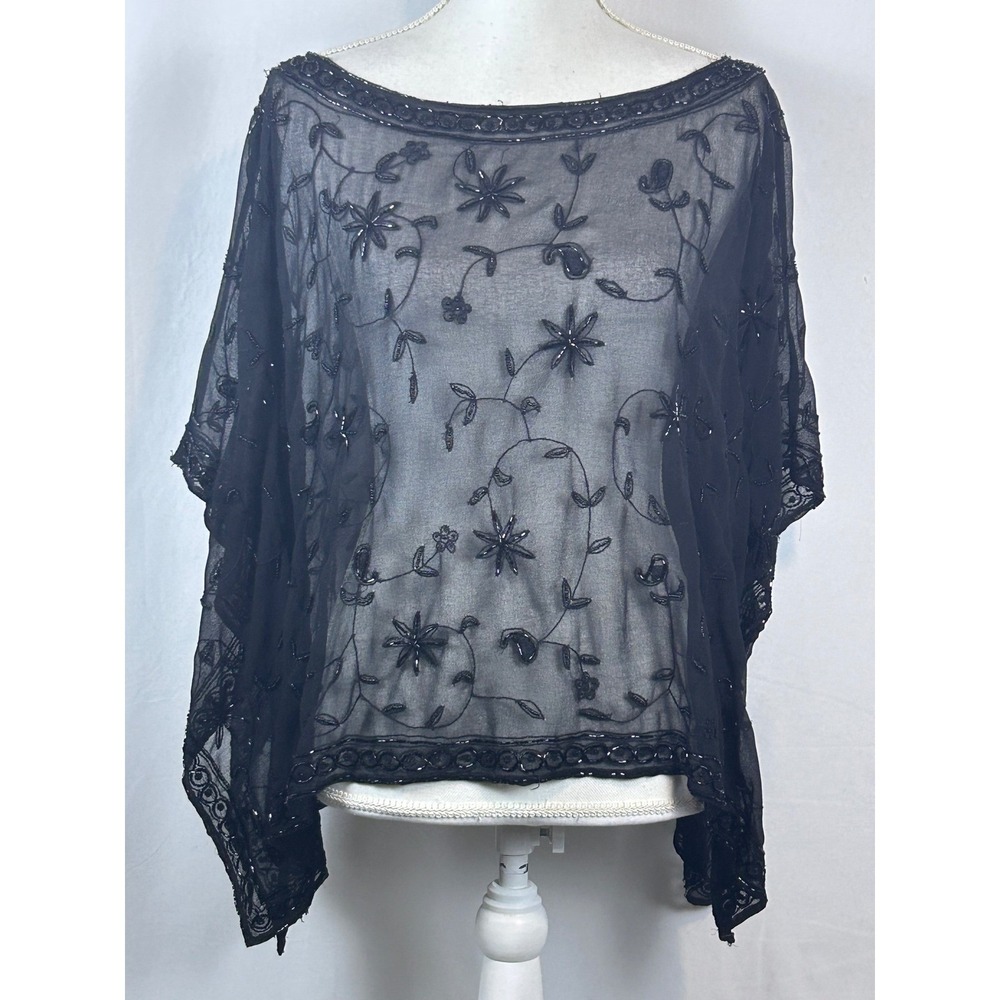 Scala Beaded Poncho Top Womens OS Black Sheer Floral Evening Shimmer Chiffon